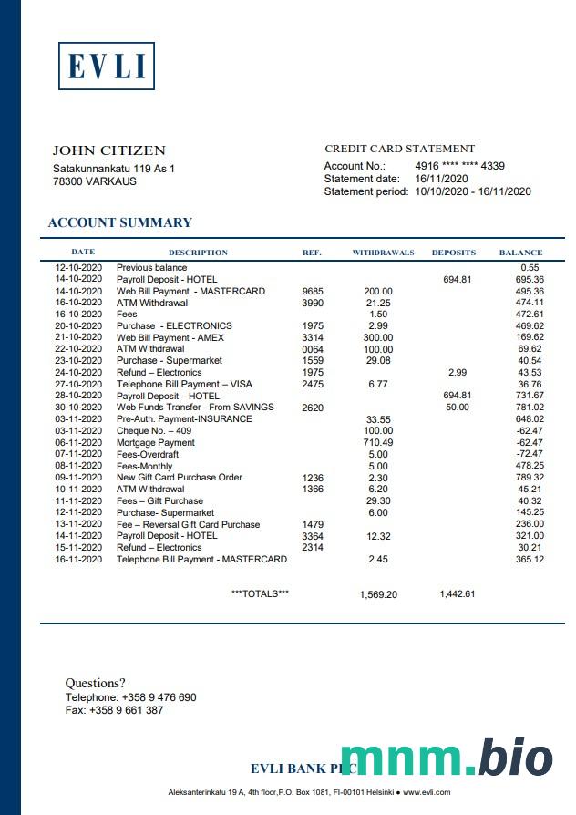 Wyciąg bankowy Finland Evli Bank PLC łatwy do wypełnienia szablon w formacie Excel i PDF